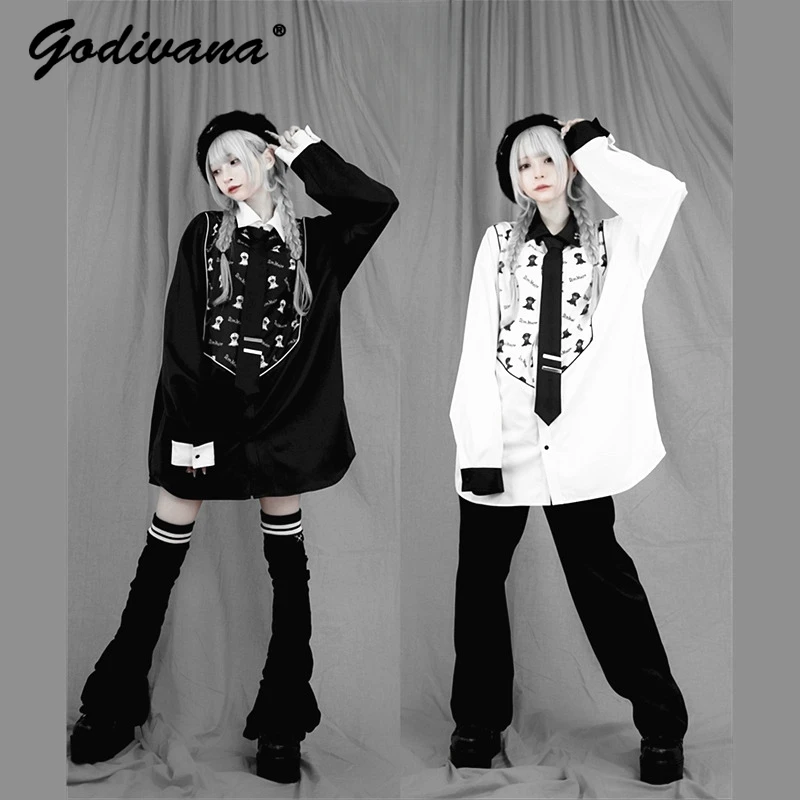 

Japanese Mine Harajuku Cartoon Print Tie Black and White Long-sleeved Shirt Subculture Goth New Autumn Women's Loose Blouses
