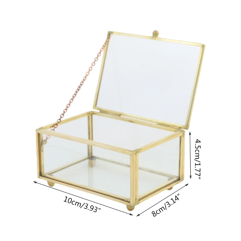 Golden Metal Vintage Glass Jewelry Box Rectangle Geometric Jewelry Display Box for Case for Home Deco