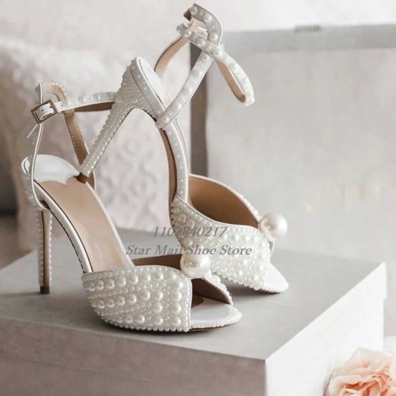 Women's Peep Toe Handmade White Pearl-Decorated Leather Slingback Sandal Ankle Strap Buckle Stiletto Wedding and Engagement Shoe