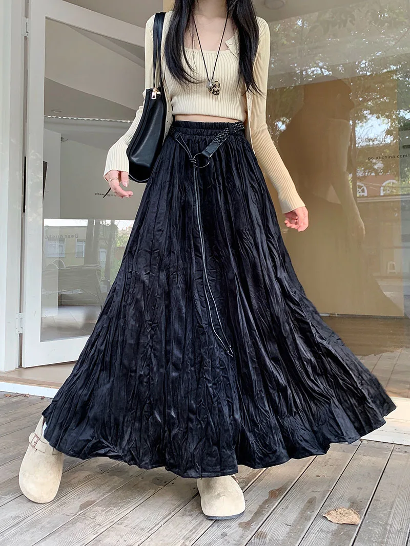 กระโปรงยาวทรงเอวสูง 3 สี ไซส์ SML สไตล์เกาหลี จีบพลีท แฟชั่นผู้หญิง ฤดูใบไม้ผลิ ฤดูใบไม้ร่วง 2026 สตรีทแวร์ ทันสมัย