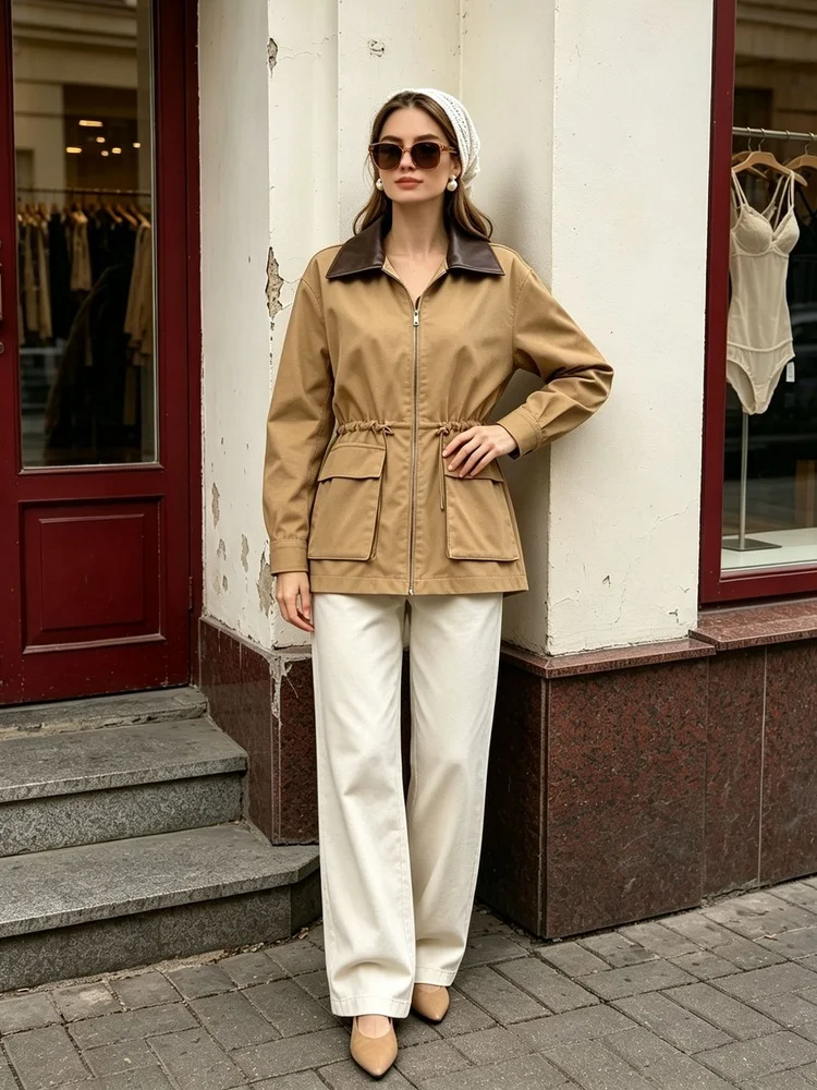 Tossy Women's Contrast Collar Jacket Drawstring Waist Long Sleeve Patch Pockets Loose Fit Daily Streetwear Commute Jacket 2026