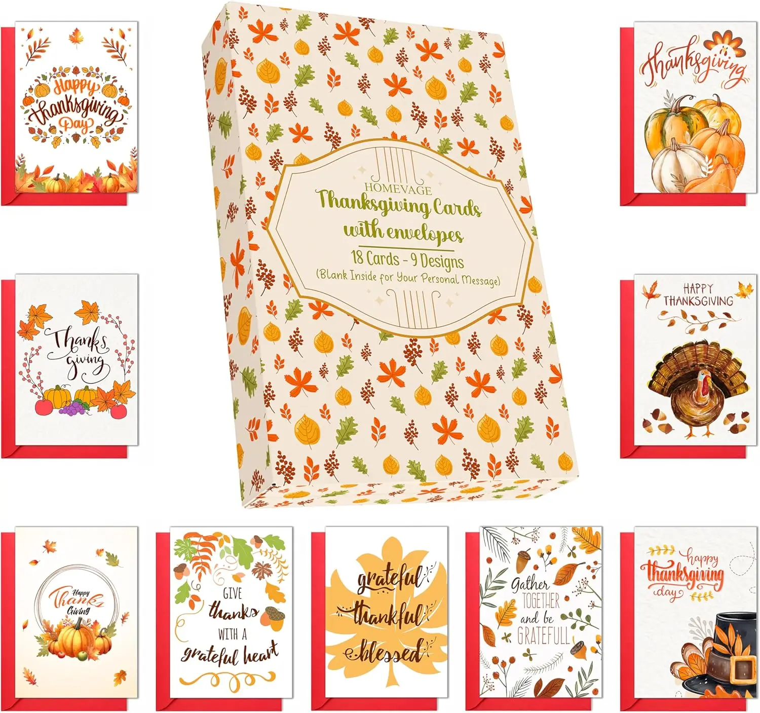 Cards with Envelopes, 18 Pack – 9 Assorted Designs, Folded 5'x7' Greeting Cards, 350gsm Cardstock – Gifts for Him, Her, Men, Wom