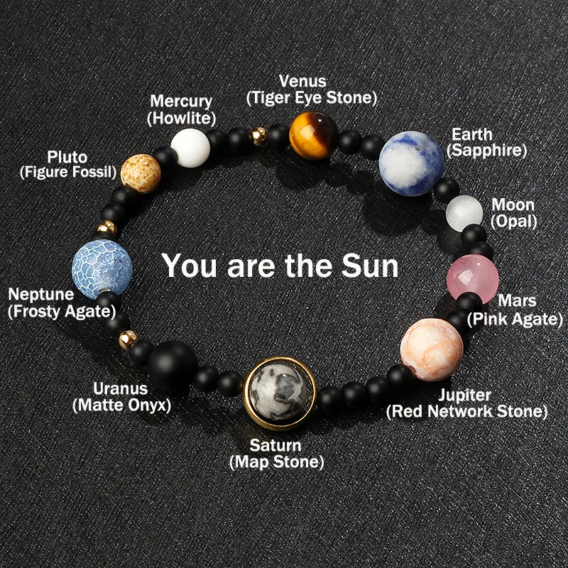 Pulseira Sistema Solar para Homens e Mulheres, Universo Nove Planetas, Pedra Natural, Estrelas, Terra, Lua Pulseiras, Casal Jóias, Moda