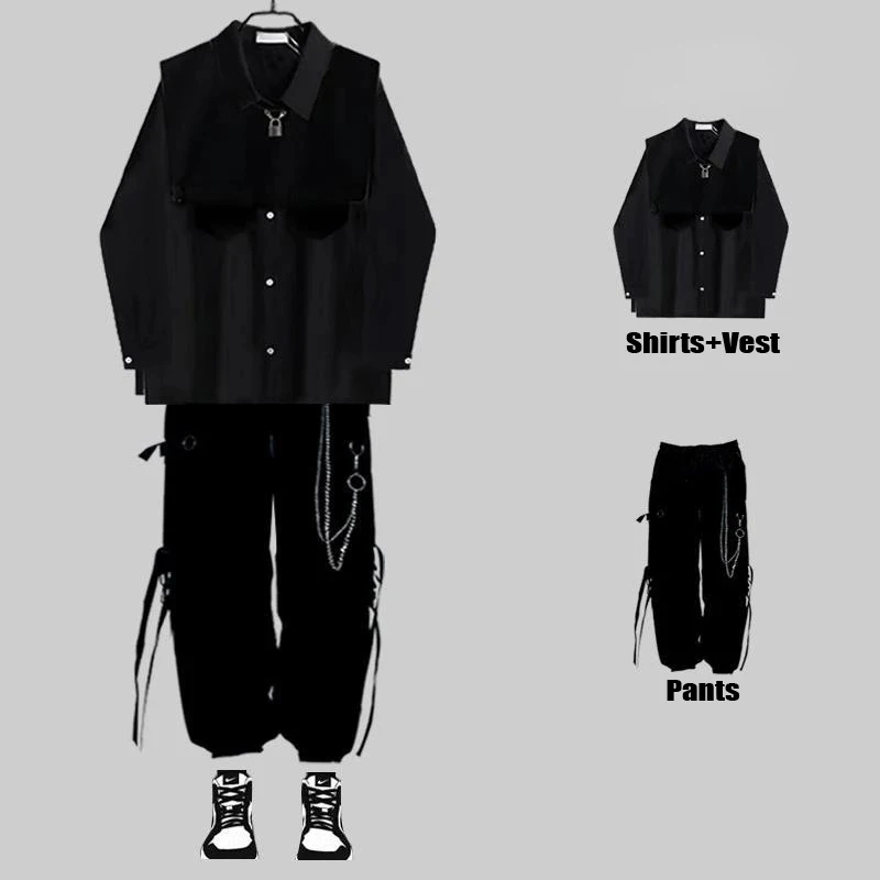 ARENS Techwear Men's Sets Black Cargo Pants Men's Shirt Kit Long Sleeve Shirts Korean Streetwear Hip Hop Harajuku Spring