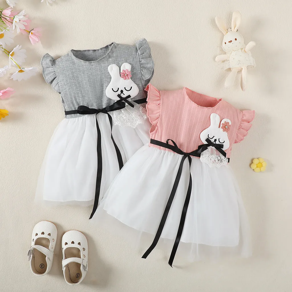 Sweet Dress Baby Girl Rabbit Tulle Skirt Sleeveless Daily Outfit Wear Birthday Party Princess Dress for Toddler Girl 0-4 Years