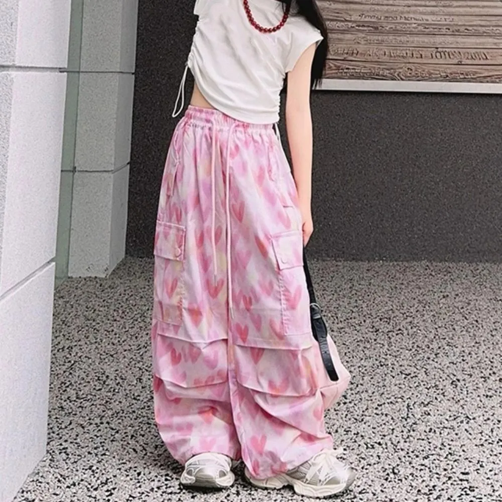 جيوب متعددة السراويل البضائع الفضفاضة ركض الرباط Y2k بنطال ذو قصة أرجل واسعة عالية الخصر الهيب هوب القلب الطباعة السراويل فتاة الطلاب
