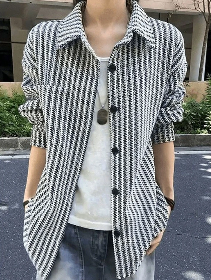 Korean Shirt Jacket Couple's Matching Outfits Men Casual Autumn Turn-down Collar Top Striped Floral Blouse Hiphop Street Wear