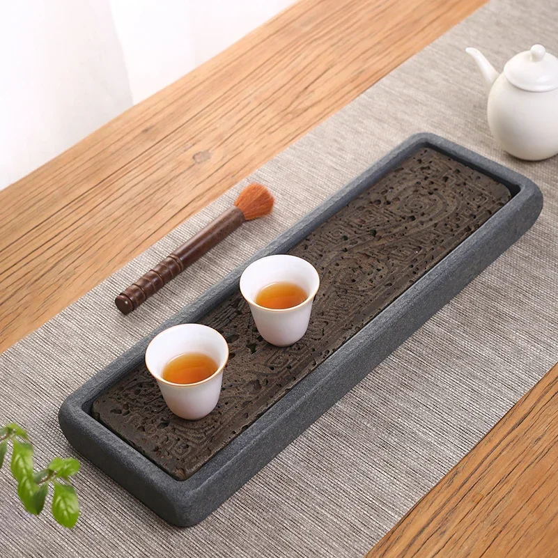 Tea Tray Natural Stone Plate Dragon Pattern Decoration Chinese Home Table Rectangular Office Accessorie Antiques Kungfu Teaset