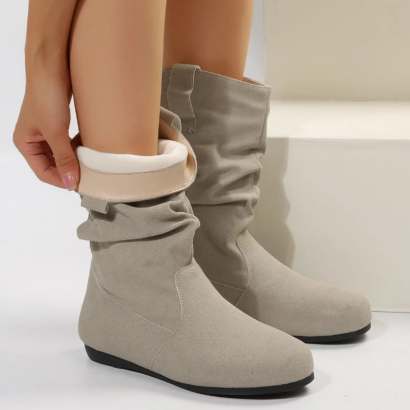 Women Flat Mid-calf Suede Ankle Boots Platform West Cowboy Shoes Round Toe Boot 2024 Autumn Designer Ladies Suede Botas De Mujer