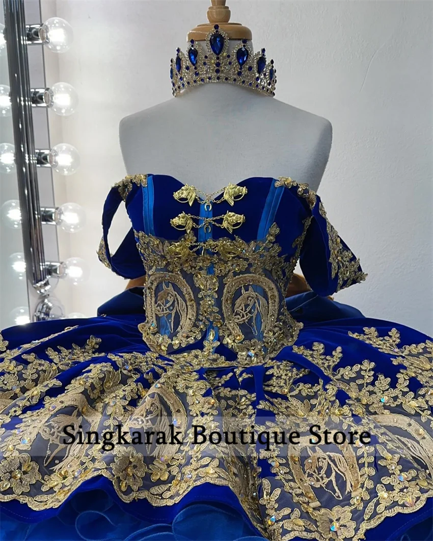 New Arrival 2024 Blue Mexi Beaded Quinceanera Dress Horse Lace Appliques Princess Crystals Ruffles Beads 16th Ball Gown