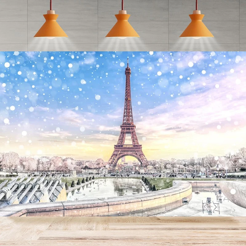 

Snowing Paris Eiffel Tower Photography Backdrop France Winter Snowflakes Background French Christmas Party Backdrop Wall Banner