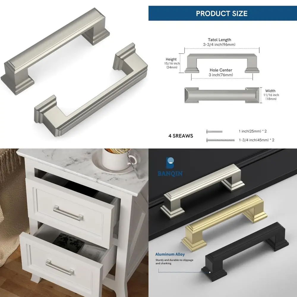 Manijas cuadradas para gabinetes de cocina de 3 pulgadas en níquel cepillado, tiradores de cajones modernos para herrajes contemporáneos