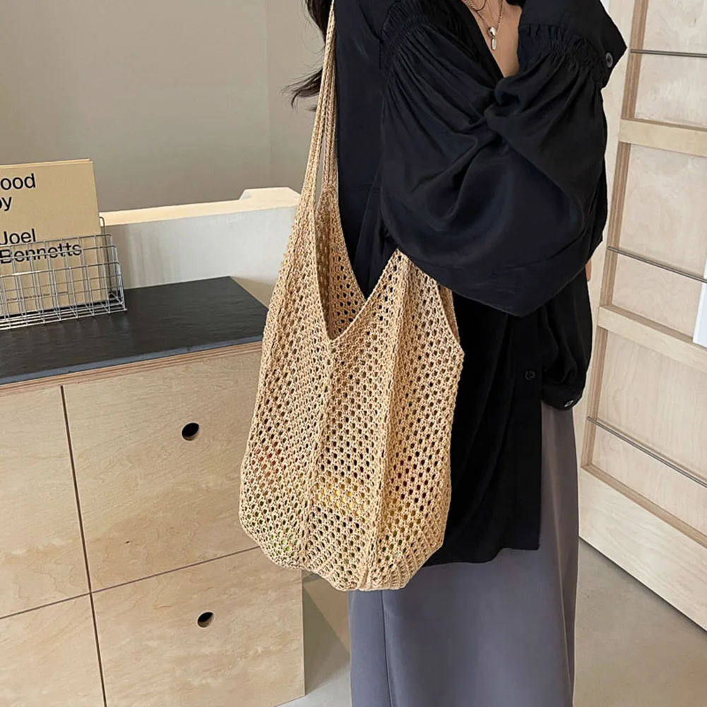 

Women Knitting Shoulder Bag Hollow Out Aesthetic Hobo Bag Large Capacity Knitted Tote Handbag Female Outdoor Bag