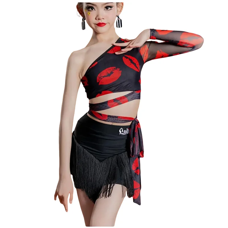 irls Latin Dance Costume Outfit Single Sleeve Tops Tassel Skirt ChaCha Dancing Clothes Children Samba Tango Practice Wear