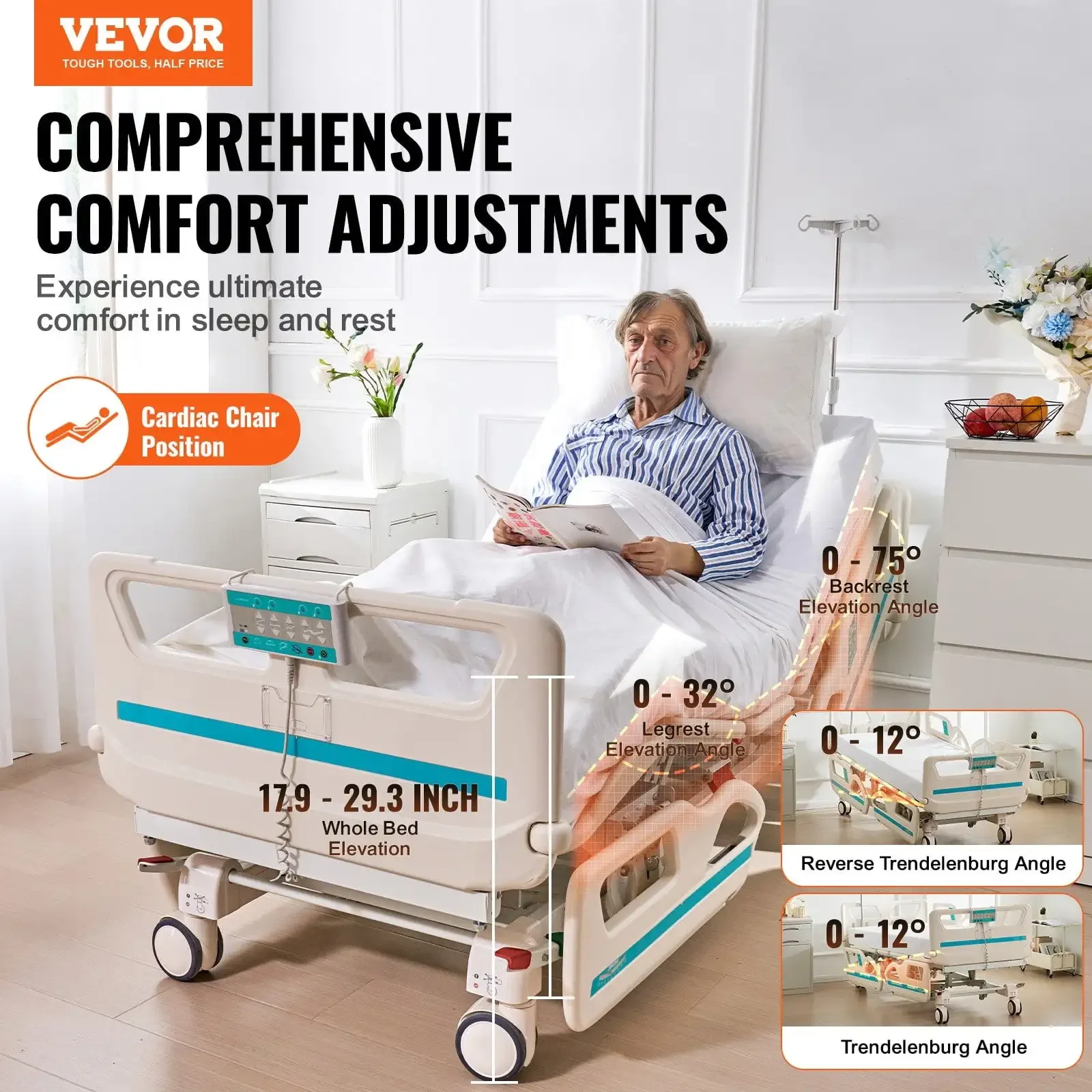 Premium 5 Function Full Electric Hospital Bed with Cardiac Position 550LBS