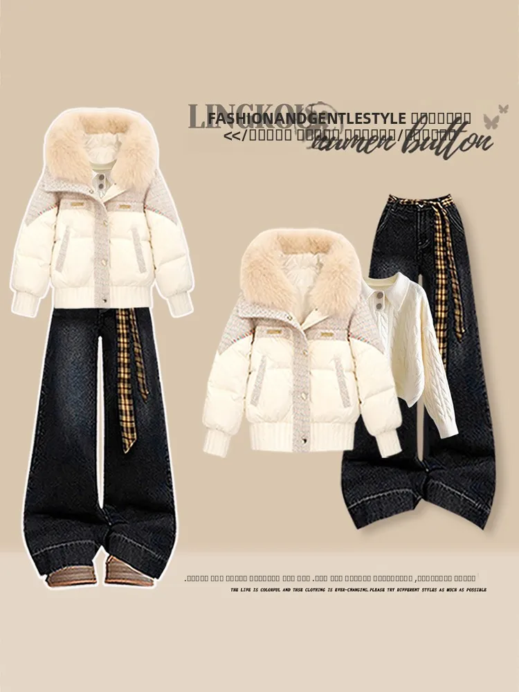 

Женский зимний вязаный комплект: свитер и джинсы с высокой талией, в стиле ретро, из хлопка, в корейском стиле, нежный, трикотаж