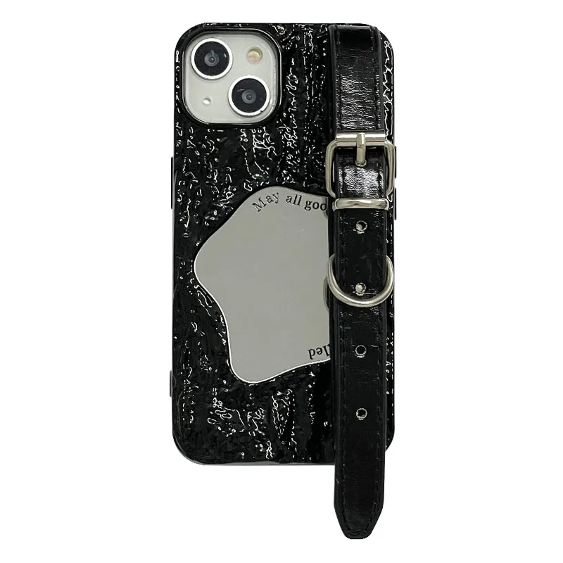 Black pleated mirror leather wristlet for apple 14promax case iphone1312/11promax soft silicone 14/13pro