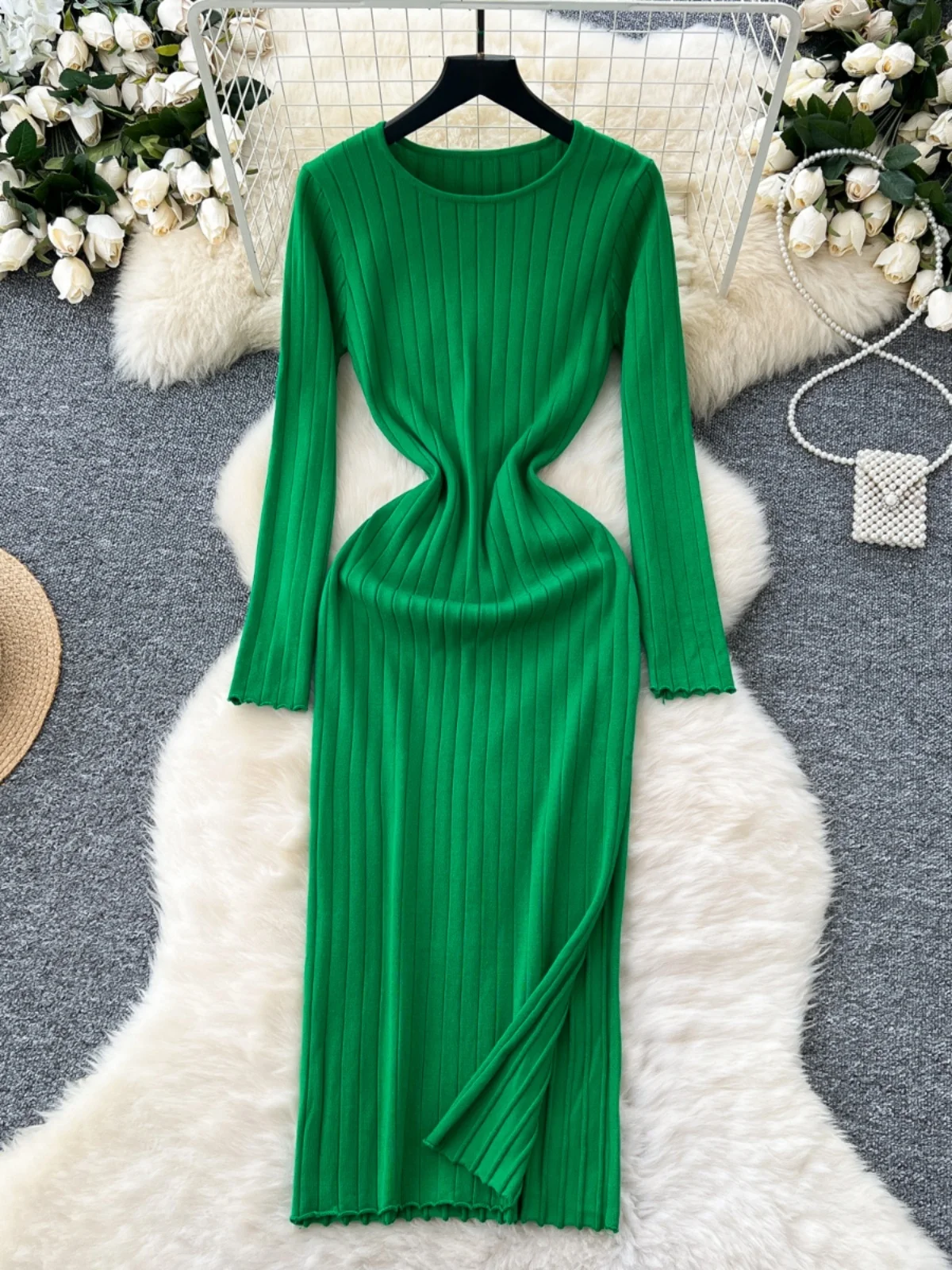 Vestido de Malha F de Crimento Médio, Vestido Suéter Elástico Modelador de Camada Base, Cintura Alta, Estilo Corean...