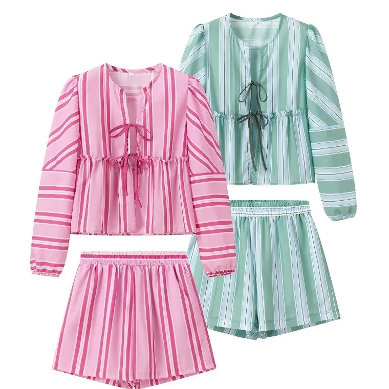 Summer casual striped shirt shorts suit ladies loose bow lace cut-out long balloon sleeve suit women's summer beach ladies suit