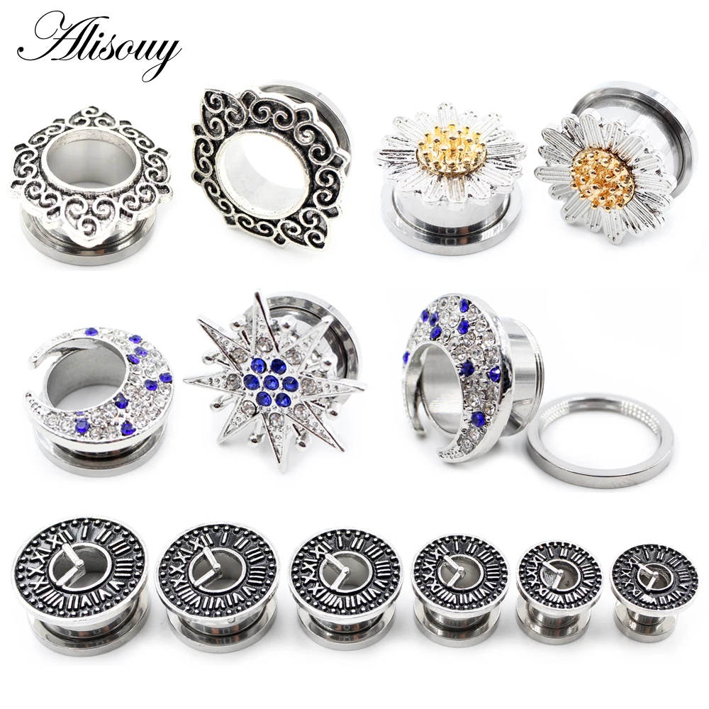 Alisouy 2PC Stainless Steel Flower Star Moon Ear Tunnel Plugs Expander Stretcher Gauges Piercing Hollow Expander Body Jewelry
