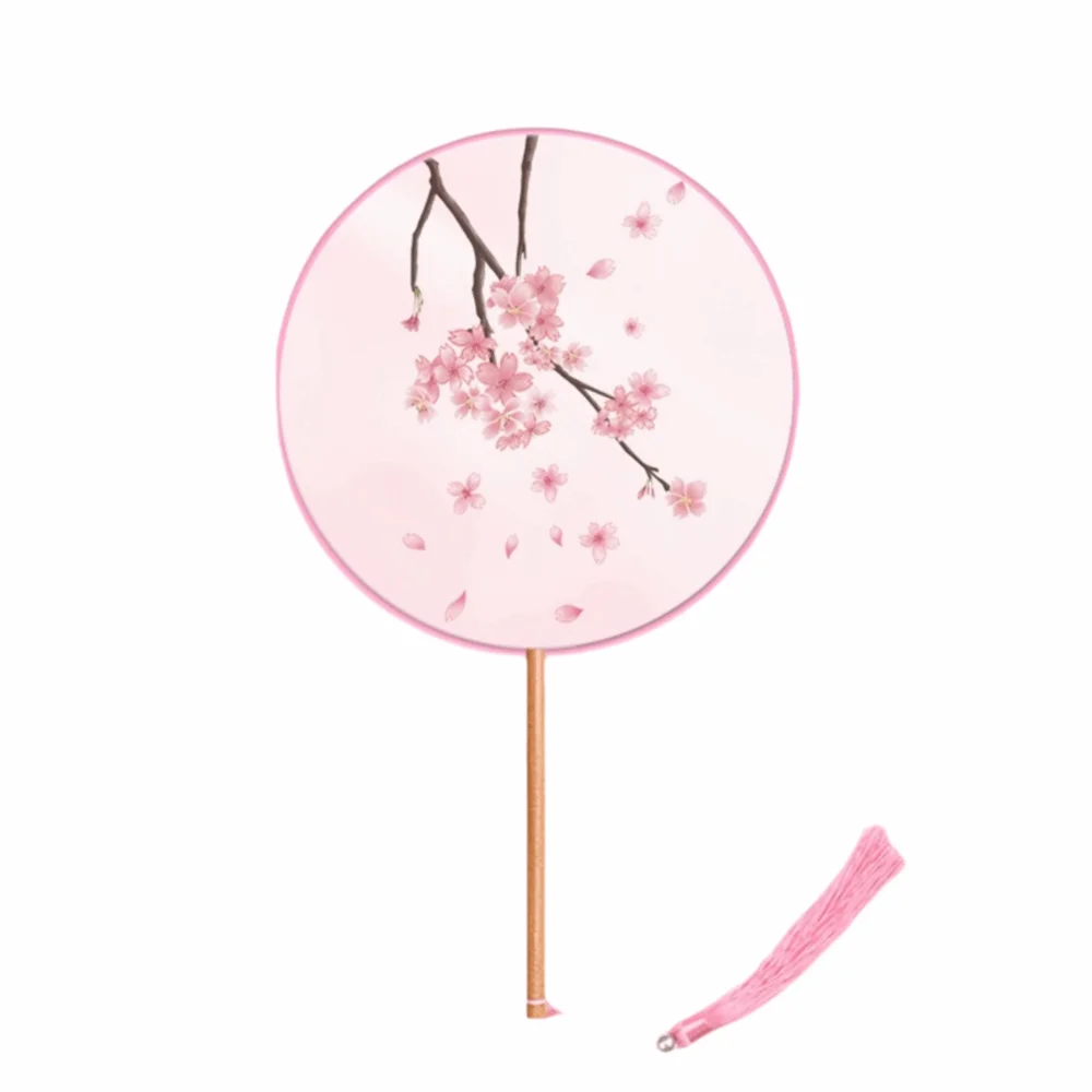 Silk Material Chinese Round Hand Fan Embroidery Design Ink Painting Vintage Printing Silk Fan Round Shape Long Handle