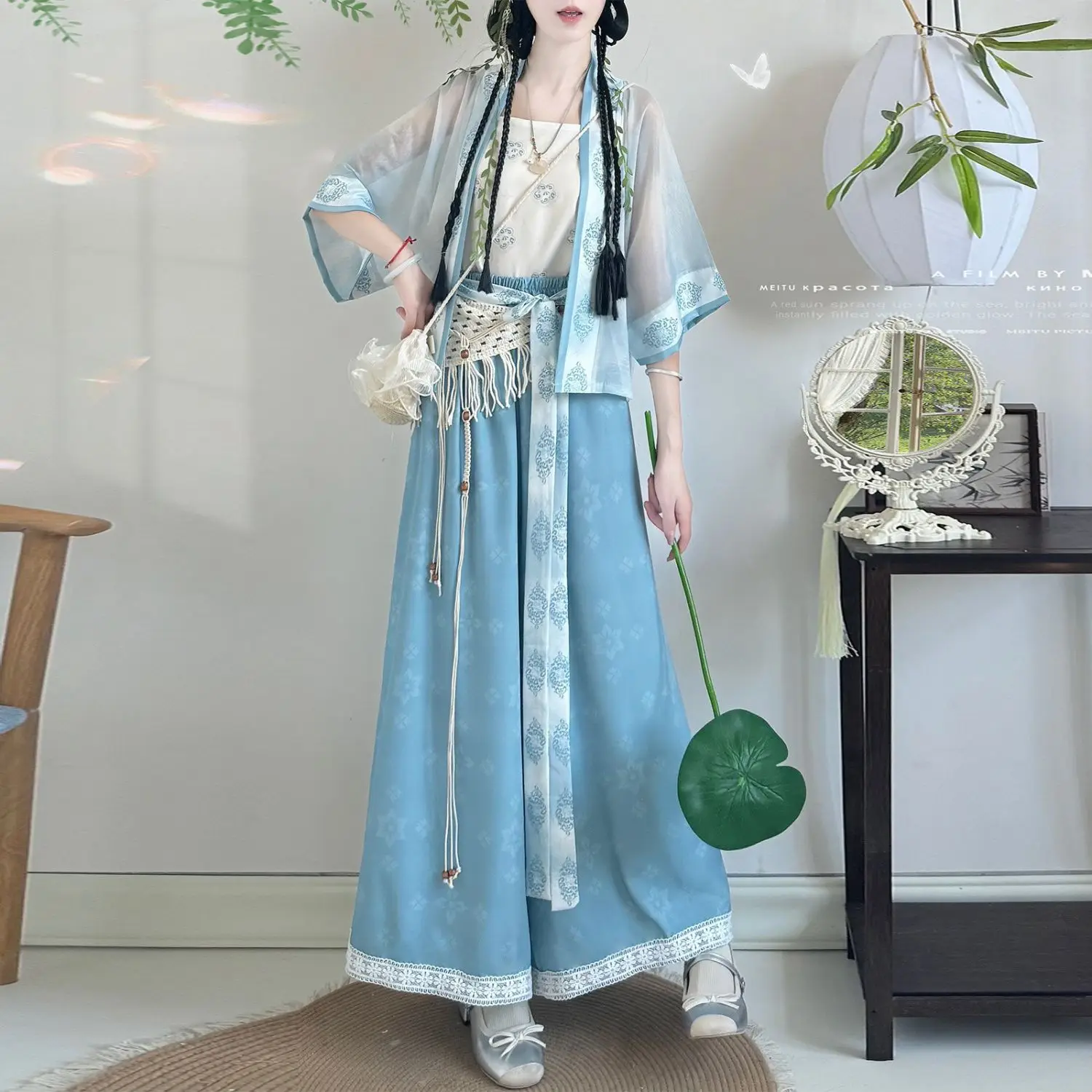 宋時代の漢服セット-女性用半袖ショートジャケットとワイドパンツの中国衣装、日常着に最適、新入荷