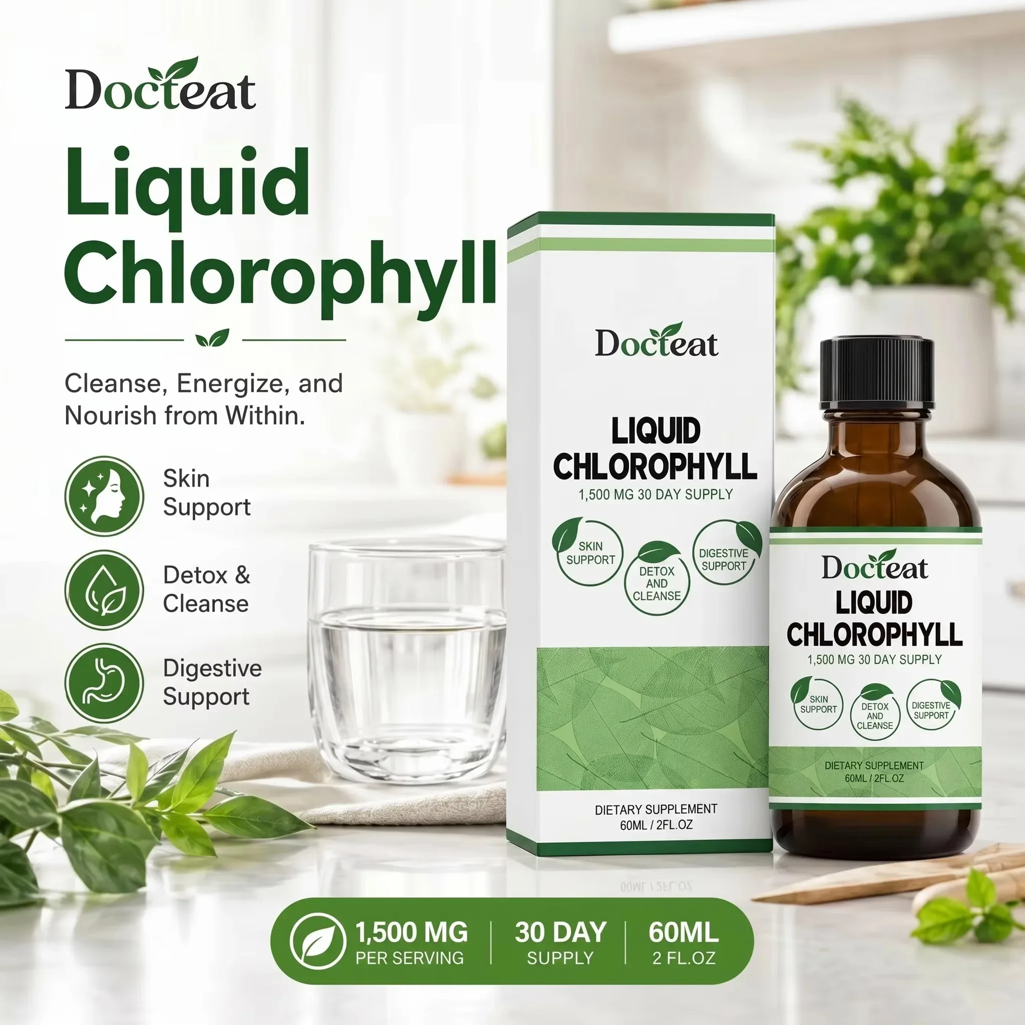 60ml Chlorophyll Liquid Drops - for Digestion, Gut Health, Energy and Detox - Vegan Safe (Rich, Full Texture and Taste)