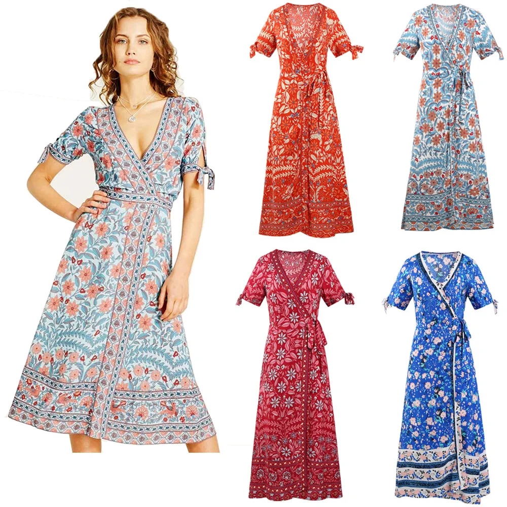 

Spring Summer Women Dress Female Bohemian Long Dresses Deep V-neck Women Floral Printed Beach Sexy Dresses Vestidos De Mujer