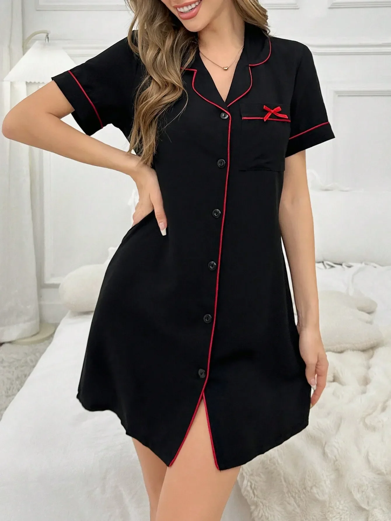 

Black Short Sleeve Button-Down Sleep Dress with Red Trim and Bow Pocket
