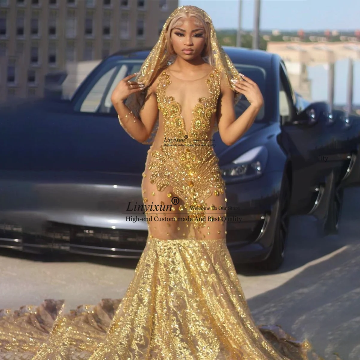 Luxury Shiny Gold Beaded Long Mermaid Prom Dress 2024 For Black Girl Crystal  Sexy Evening Dresses Birthday Party Gowns