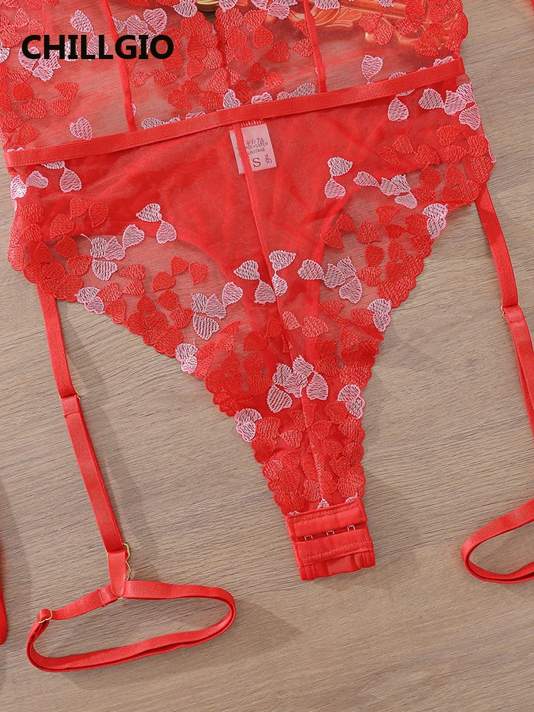 CHILLGIO Donne Sexy Cuore Ricamo Tute di Pizzo Guanti Maglia di Un Pezzo Tutina Ins Trasparente Erotico Halter Pagliaccetti Lingerie