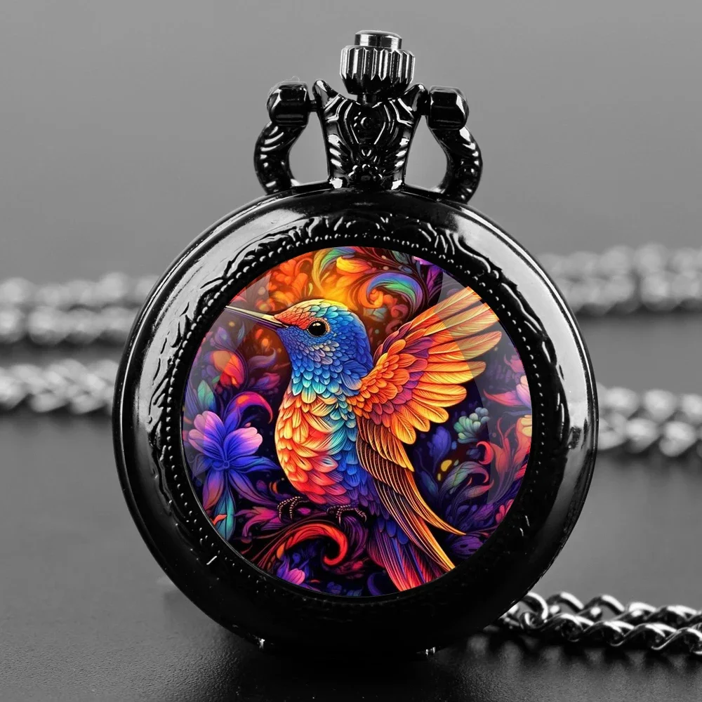 

Colorful Bird Glass Dome Quartz Pocket Watch With Durable Chain Arabic Numeral Dial Extraordinary Gifts for Men Kids