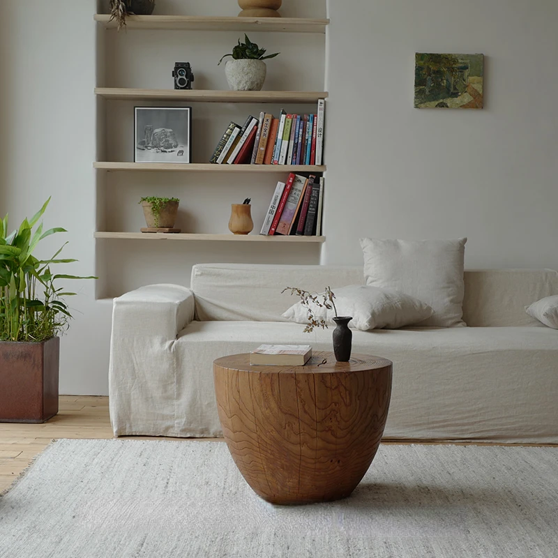 

Solid wood coffee table, circular small unit, Nordic log sofa, corner table