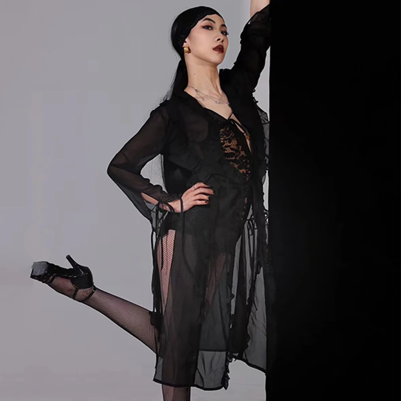 Ropa de baile latino para mujer, cárdigan de gasa negra de hadas, Body de encaje Sexy para Rumba, Salsa, Tango, vestido de Club, DNV20448