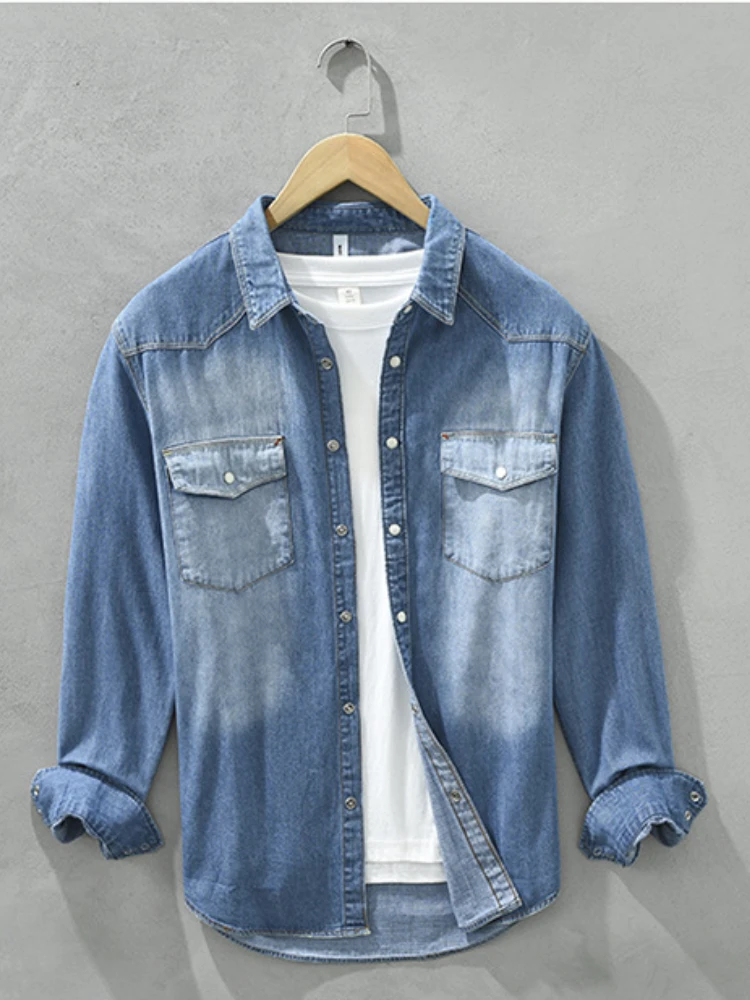 Wiosenne nowe koszule dżinsowe w stylu retro męskie Casual 100% bawełna gradientowa odzież męska C8807 — zdjęcie 2