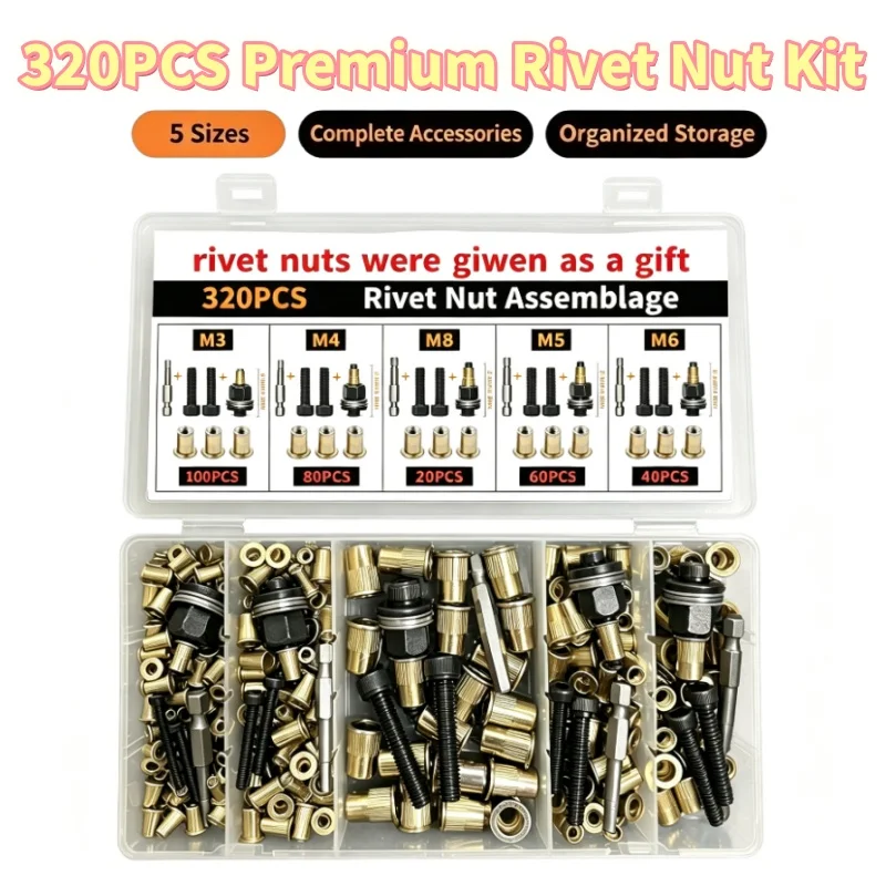 320個入りヘッドリベットナットツール-m3-m4-m5-m6-m8-リベットナットキット-炭素鋼リベットナットセット-ねじ込み式リベットナットキット-手動リベッター-リベットナット