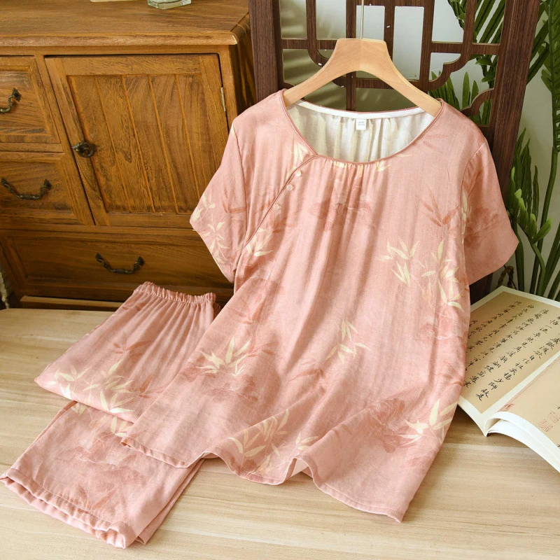 2pcs Women's Pajama Set Vintage Elegant Chinese Oriental Style Bamboo Fiber Blended Cotton Short Sleeve & Long Pants Cool Air Co