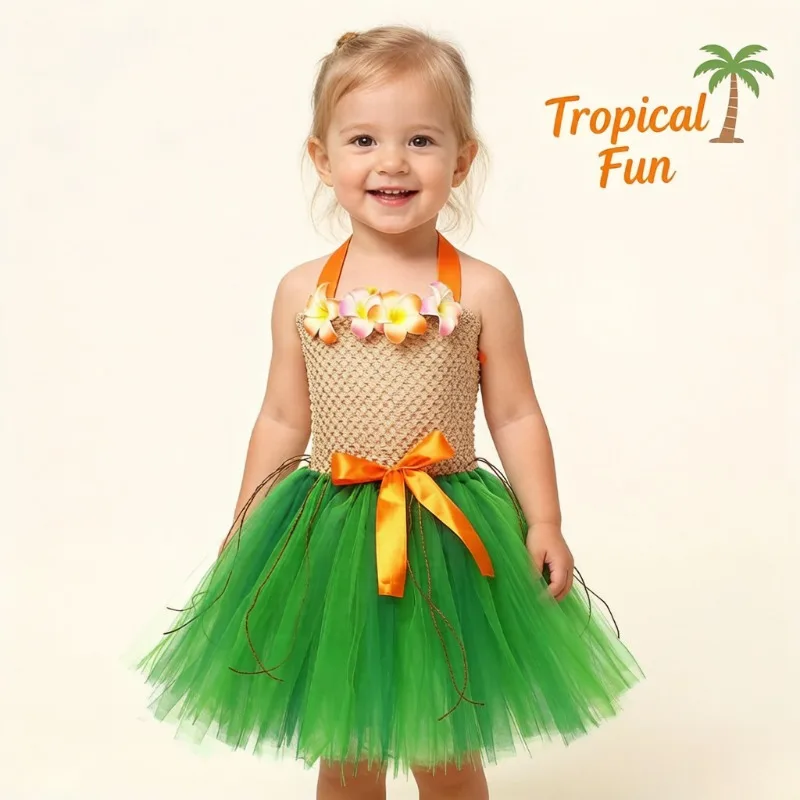 

Hawaiian Tropical Floral Tulle Tutu Dress Hula Dance Party Costume Festival Stage Performance Outfit with Matching Hair Clip