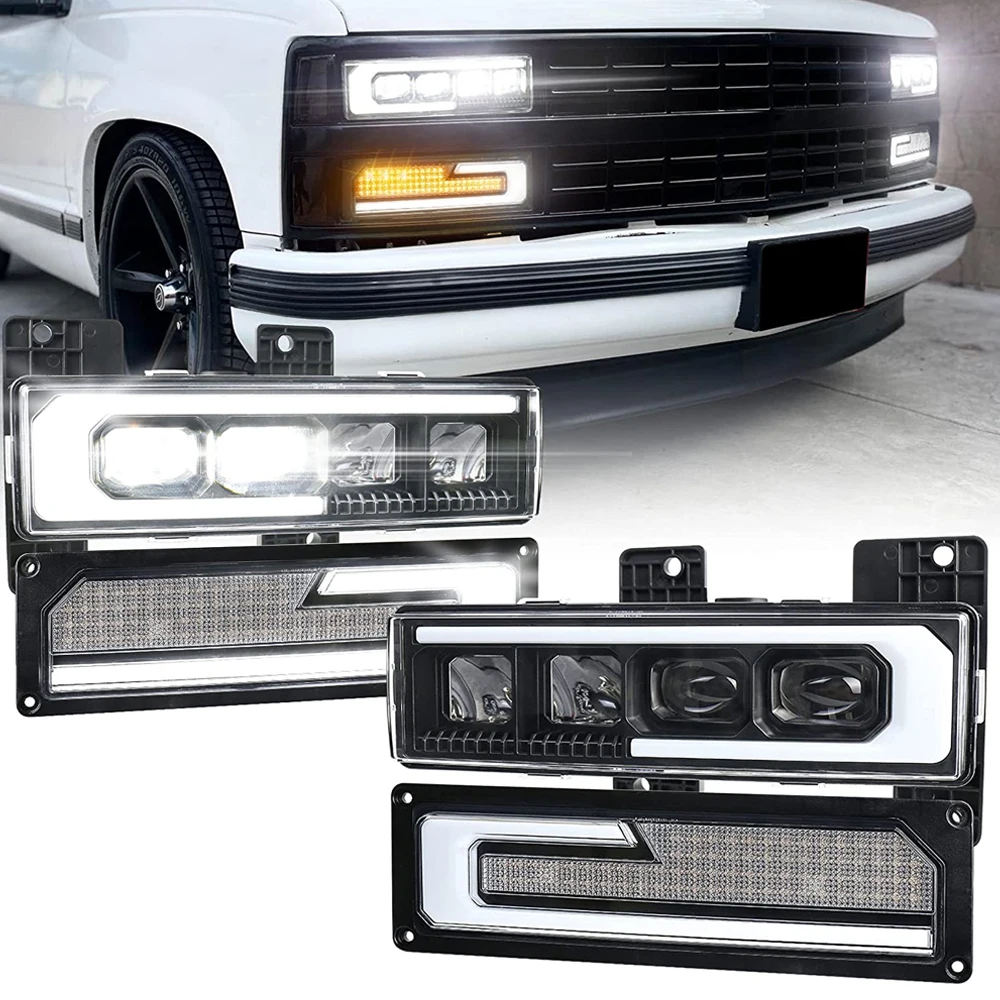 White LED Headlight with Welcome DRL Turn Signal 1Set Fit 1988-1998 Chevy GMC C/K 1500 2500 3500 Suburban Silverado Tahoe Yukon