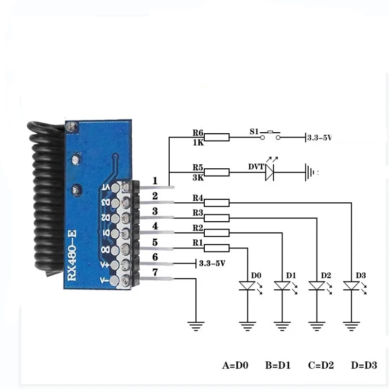 RX480E 433mhz RF Receiver Learning Code Decoder Module 433 Mhz Wireless 4CH Output For Remote Controls Encoding