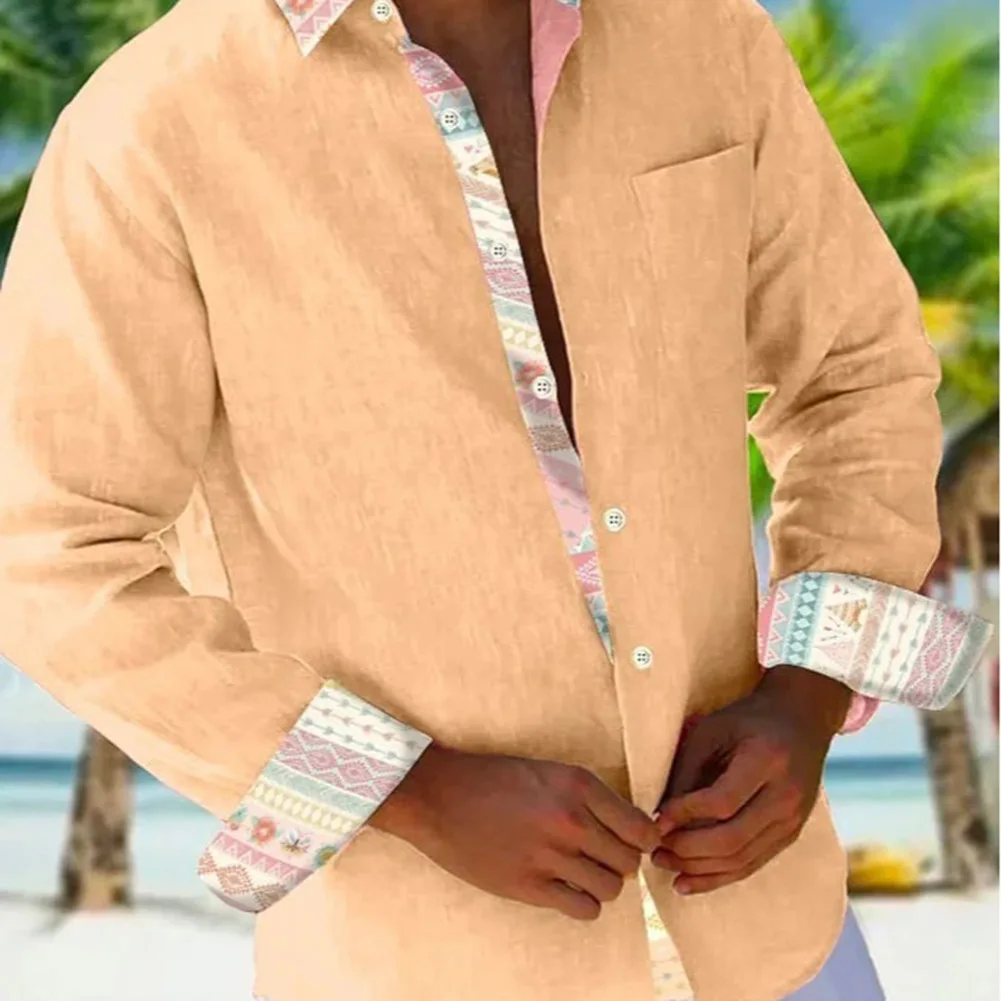 Men's Casual Shirts Long Sleeve Patchwork Soft Breathable Linen Vintage Shirts Male Fashion Party Daily Turn-down Collar Tops
