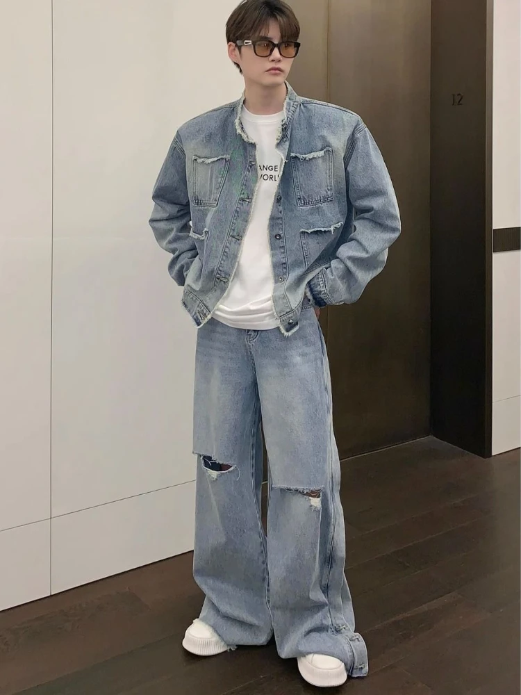 Autumn Denim Set Men Denim Jacket +Wide Leg Straight Jeans Casual Loose Solid Color Korean Style Street Stand Collar 2pcs Suit