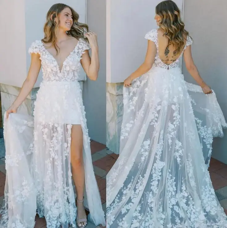 Vestido de novia rústico del país, prenda Bohemia con estampado Floral 3D, Hi-Lo, para ceremonia, ensayo, recepción y compromiso, para jardín al aire libre, 2024