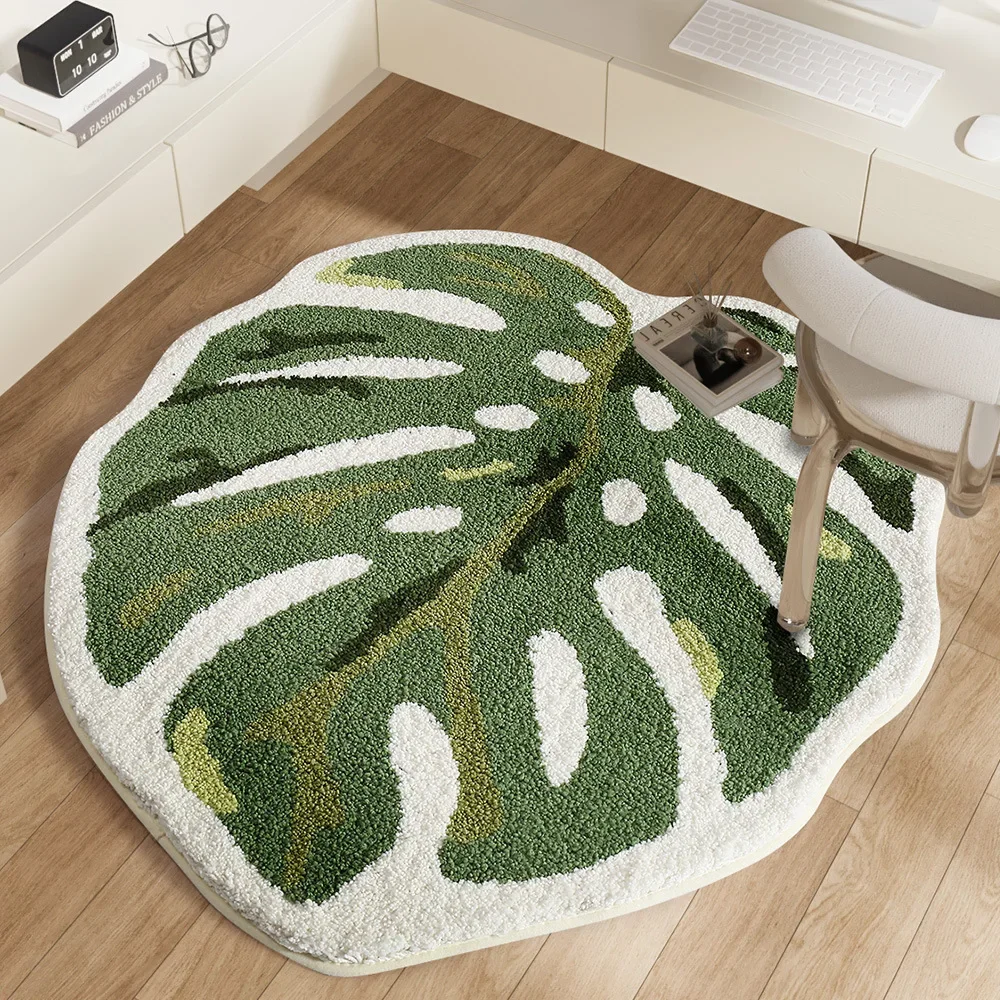 

Ins Monstera Green Leaf Carpet Bedroom Rug Living Room Decorative Carpet Thickened Encrypted Plush Non-Slip Floor Mat