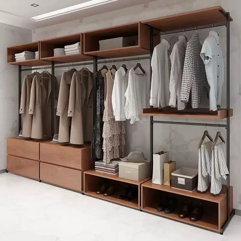 Hot Sale Customizable Transparent Aesthetics Modern Simple Style Doorless Solid Wood Metal Materials Open Wardrobe