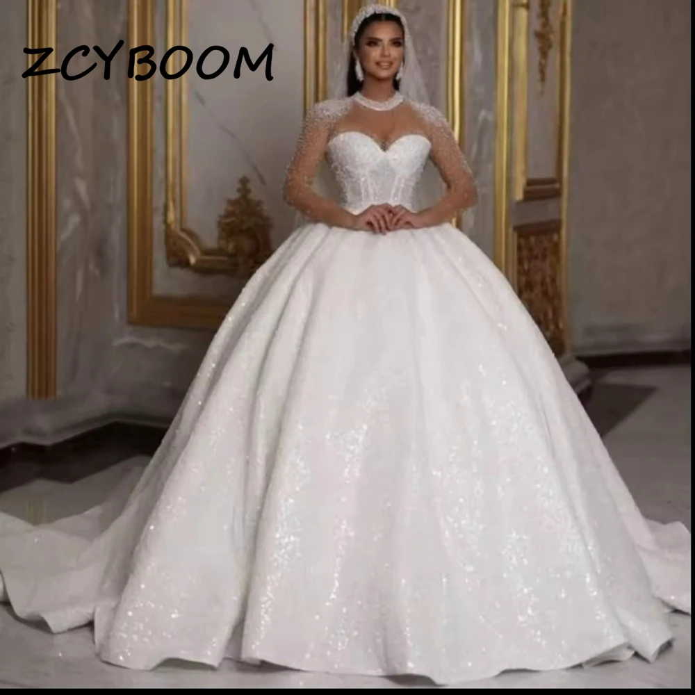 Customized Luxury Sweetheart A-line Sequined Wedding Dresses Pearls Long Sleeves Bridal Gown Sweep Train 2026 Vestido De Noiva