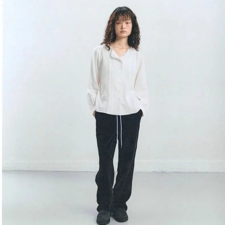 Romantic Sweet Lace Collar Single Button Loose Long Sve irt Top Tannat Qui very Cotton Blend Casual Women's irt