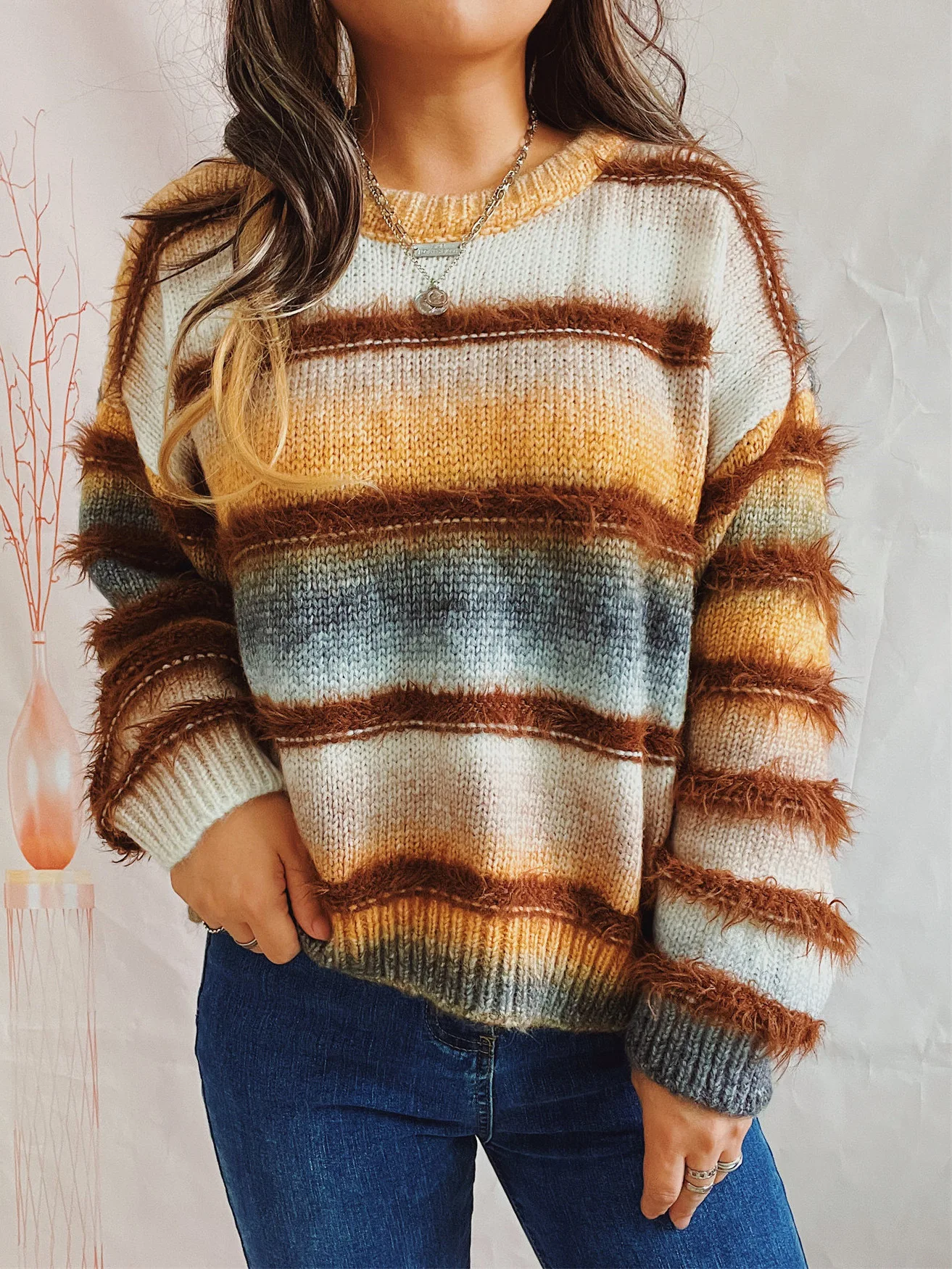New Personalized Sweater Autumn Winter Casual Loose Gradient Color Versatile Tops Long-sleeved Round Neck Pullover Clothes