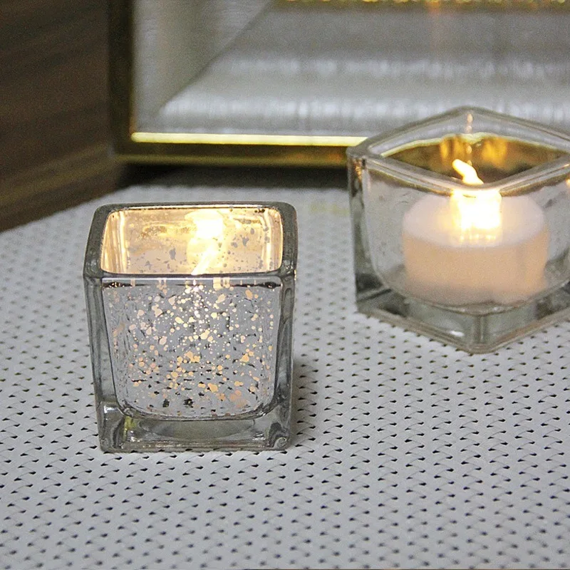 

Electroplating Spot Glass Candlestick, Romantic Candlelight, Small Square Cup, Mini Candle Cup, Silver Candlestick, 5cm