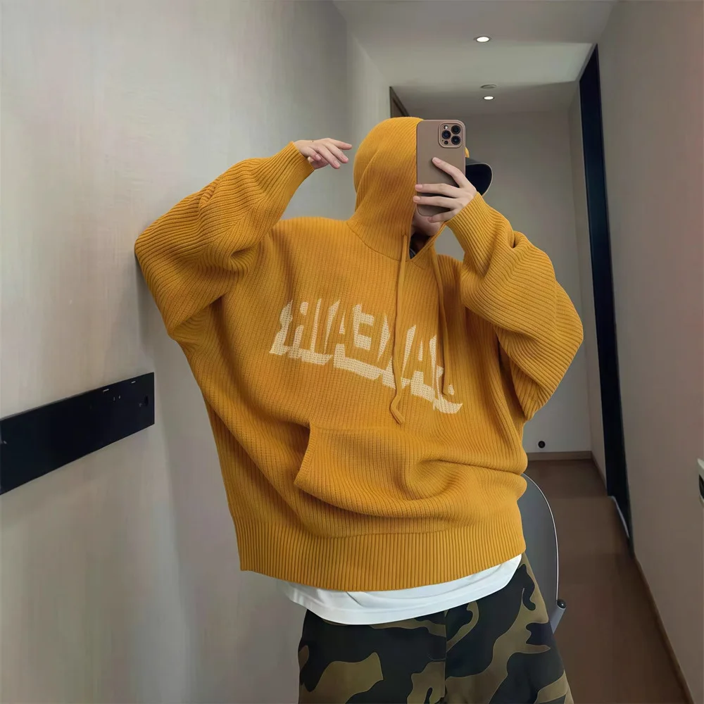 Unisex Knitting Hoodies 2025 Autumn Winter New Retro Lazy Sweater Hooded Heavyweight Soft Cozy Loose Drapey Men's Knit Outerwear